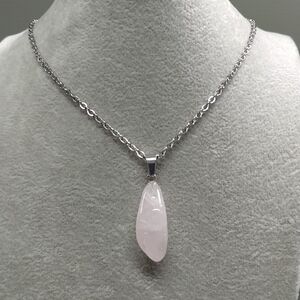 Rose Quartz Necklace Natural Gemstone Pink Crystal Pendant Stainless-Steel Chain